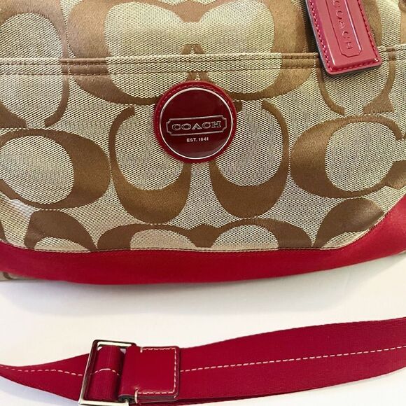 Coach Khaki Signature Cherry Red Tote Bag Handbag Weekender F17443 Patent Large - Picture 3 of 16